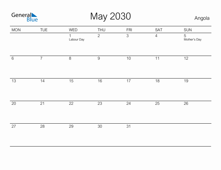 Printable May 2030 Calendar for Angola