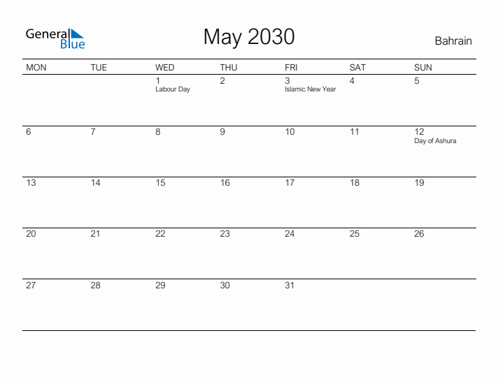 Printable May 2030 Calendar for Bahrain