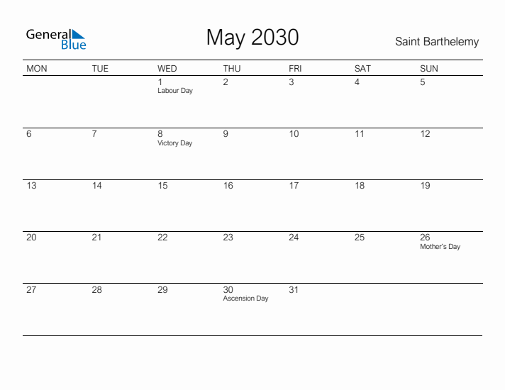 Printable May 2030 Calendar for Saint Barthelemy