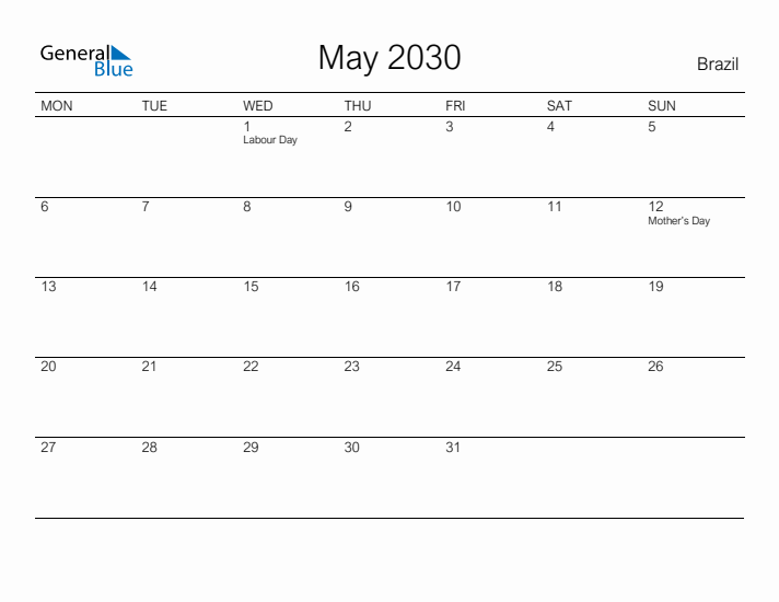 Printable May 2030 Calendar for Brazil