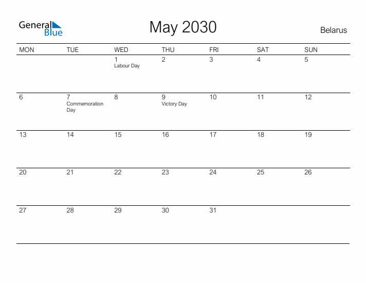Printable May 2030 Calendar for Belarus