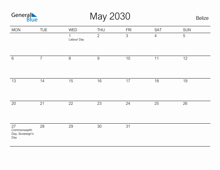 Printable May 2030 Calendar for Belize