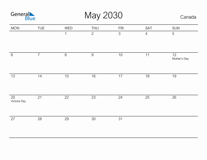 Printable May 2030 Calendar for Canada