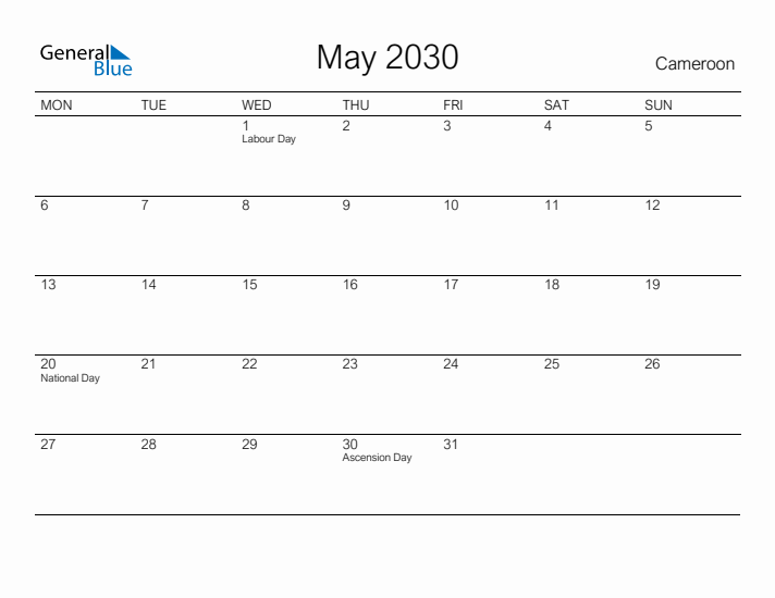 Printable May 2030 Calendar for Cameroon