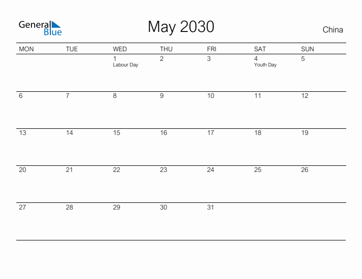 Printable May 2030 Calendar for China