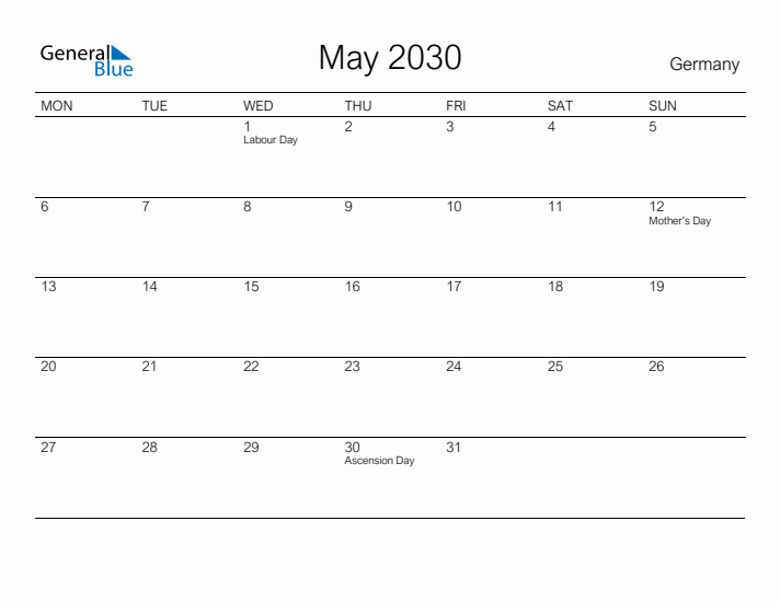 Printable May 2030 Calendar for Germany