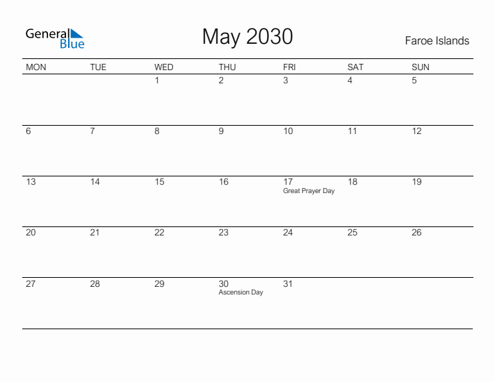Printable May 2030 Calendar for Faroe Islands