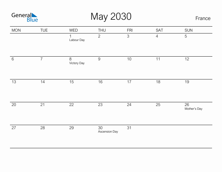 Printable May 2030 Calendar for France