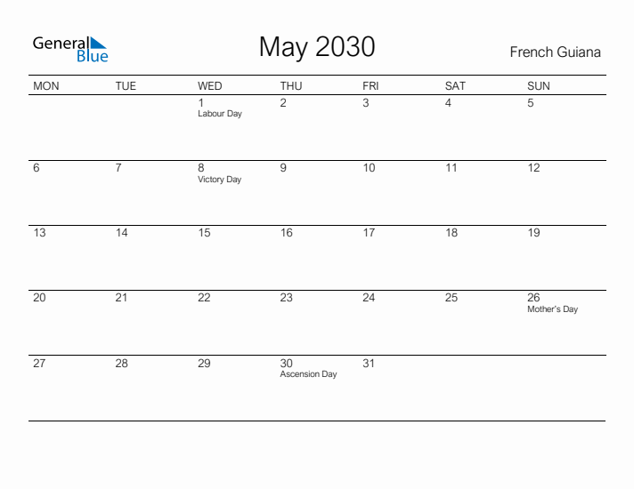 Printable May 2030 Calendar for French Guiana