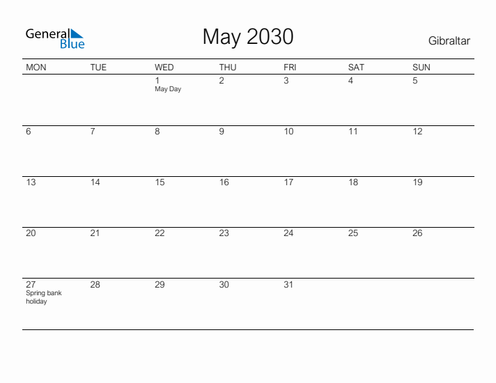 Printable May 2030 Calendar for Gibraltar