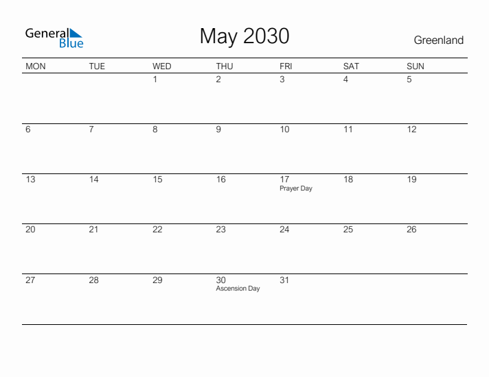 Printable May 2030 Calendar for Greenland