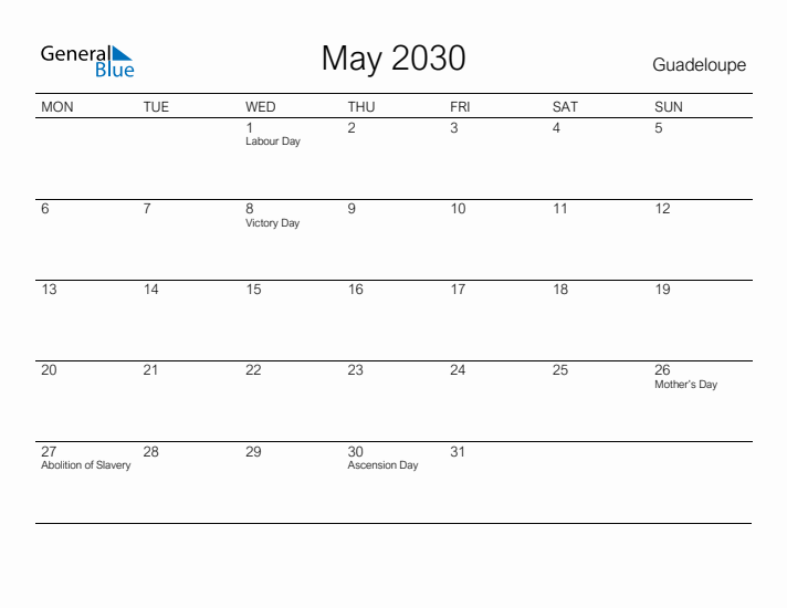 Printable May 2030 Calendar for Guadeloupe
