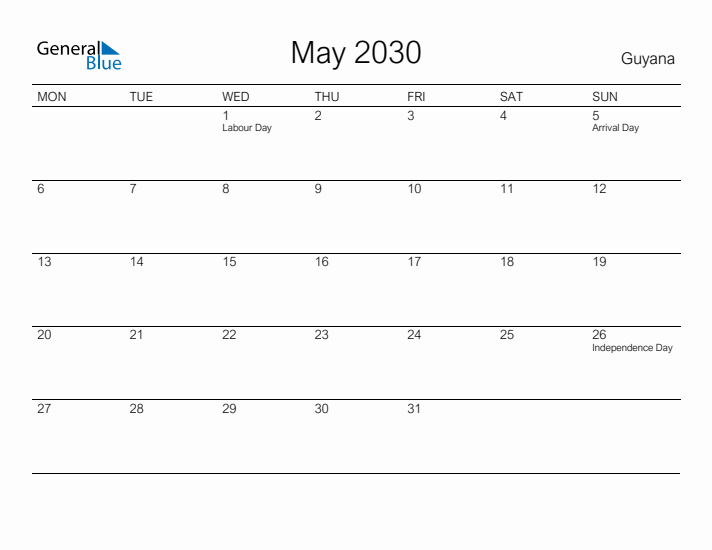 Printable May 2030 Calendar for Guyana