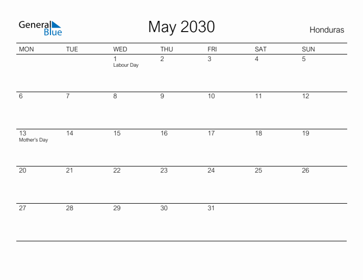 Printable May 2030 Calendar for Honduras