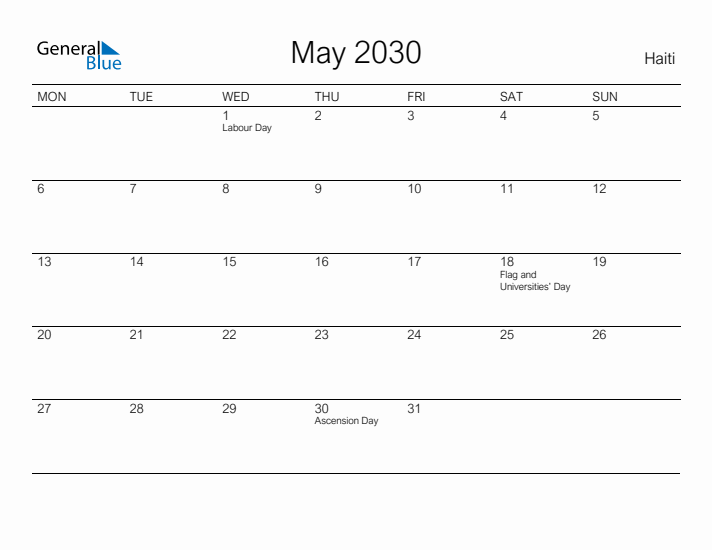 Printable May 2030 Calendar for Haiti