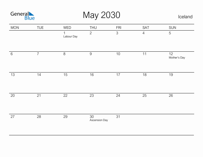 Printable May 2030 Calendar for Iceland