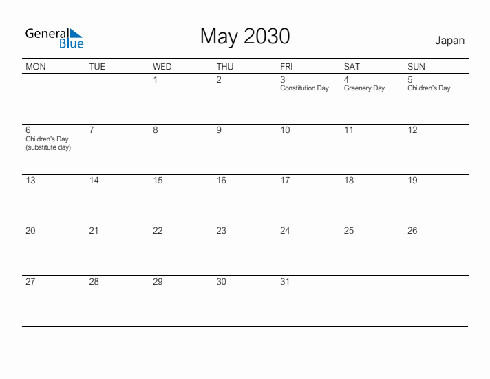 Printable May 2030 Calendar for Japan