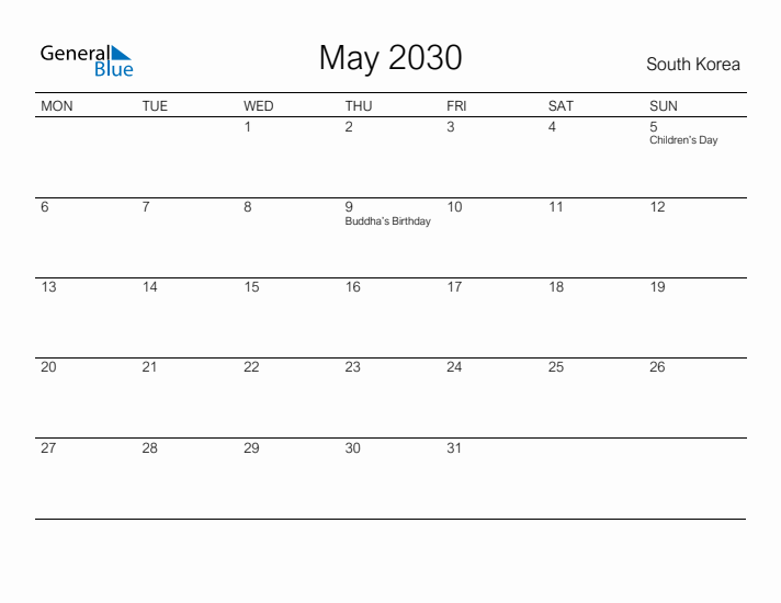 Printable May 2030 Calendar for South Korea