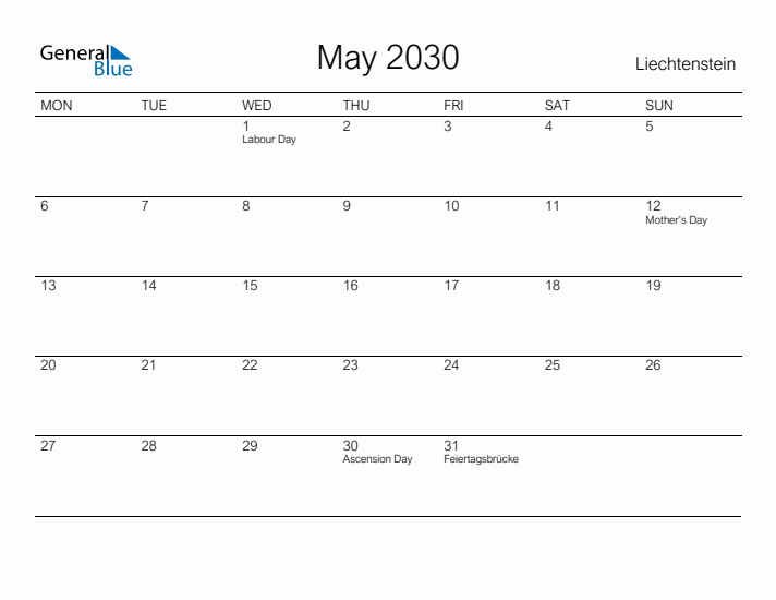 Printable May 2030 Calendar for Liechtenstein