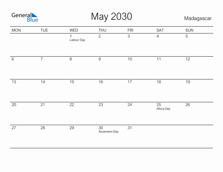 Printable May 2030 Calendar for Madagascar