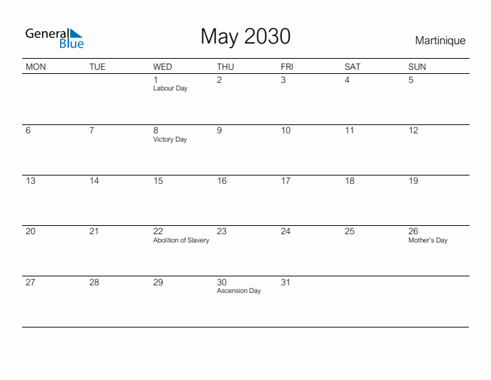 Printable May 2030 Calendar for Martinique
