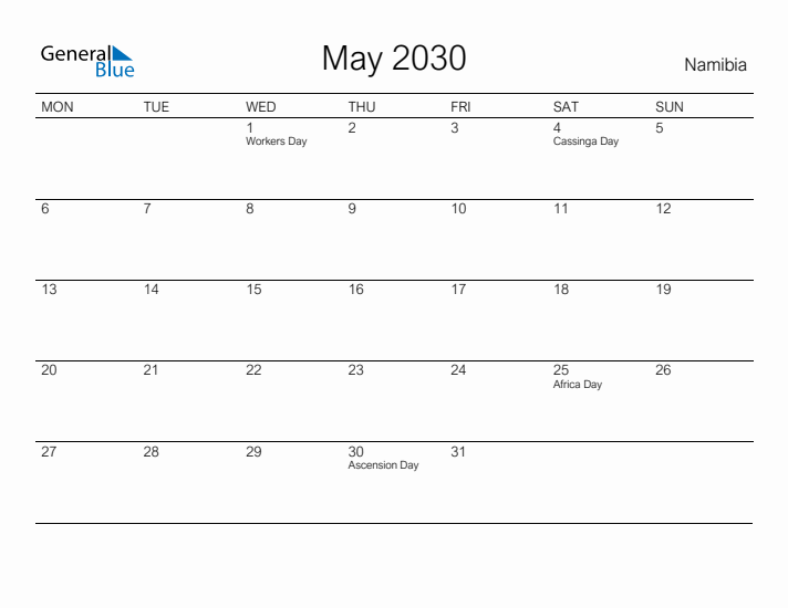 Printable May 2030 Calendar for Namibia