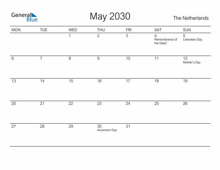 Printable May 2030 Calendar for The Netherlands