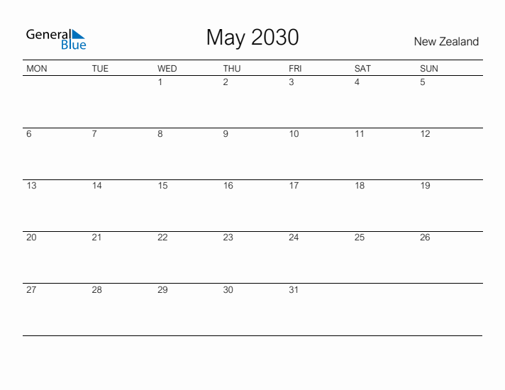 Printable May 2030 Calendar for New Zealand