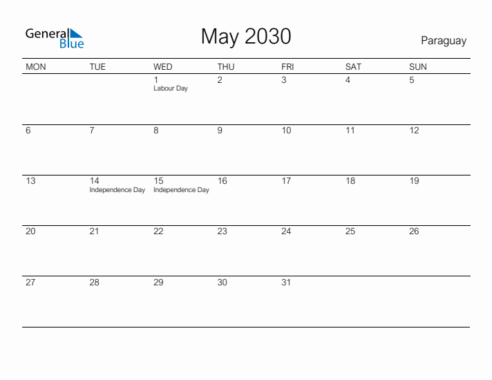 Printable May 2030 Calendar for Paraguay