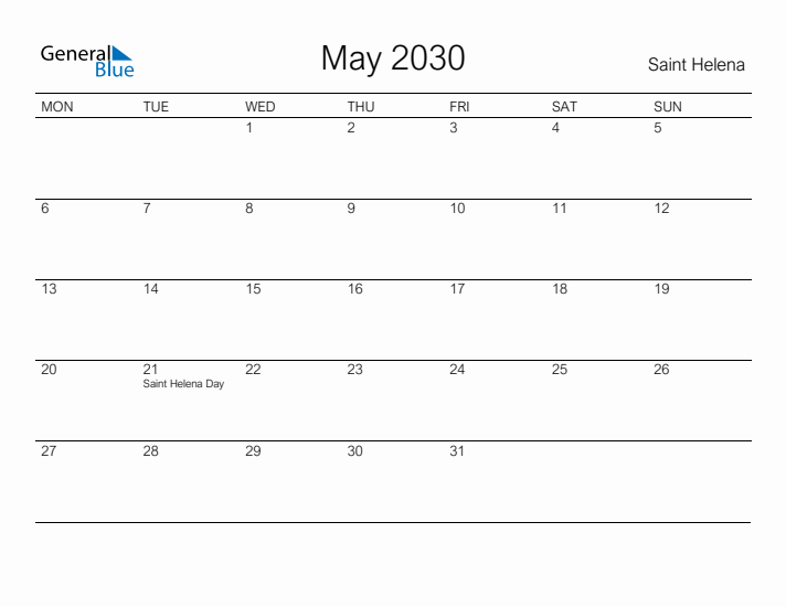 Printable May 2030 Calendar for Saint Helena