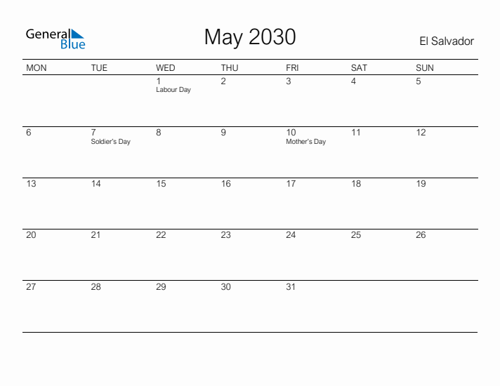 Printable May 2030 Calendar for El Salvador