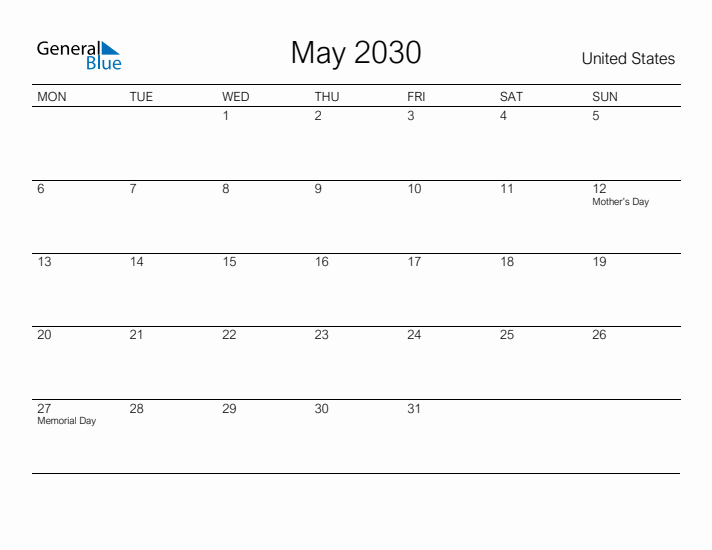 Printable May 2030 Calendar for United States