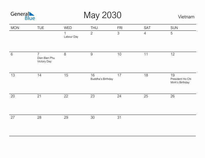 Printable May 2030 Calendar for Vietnam