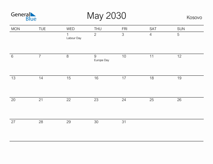 Printable May 2030 Calendar for Kosovo