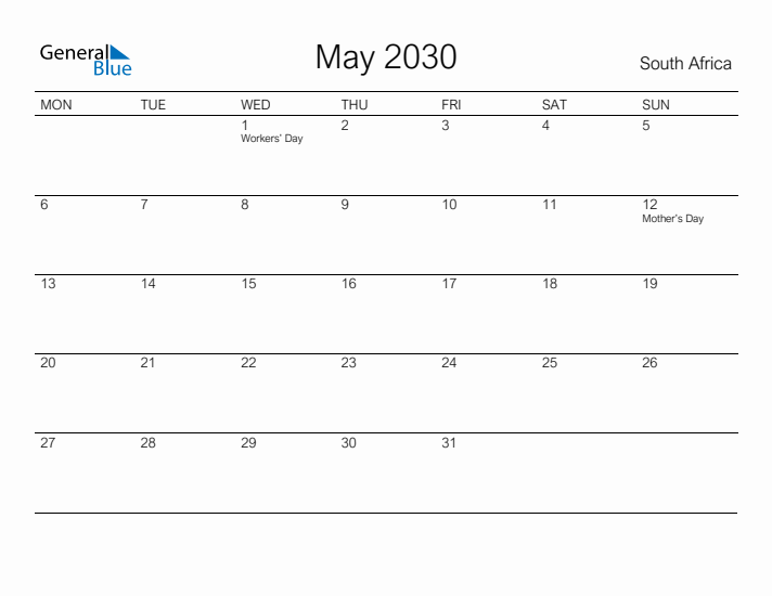 Printable May 2030 Calendar for South Africa