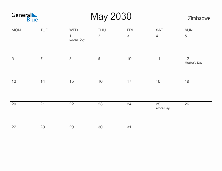 Printable May 2030 Calendar for Zimbabwe