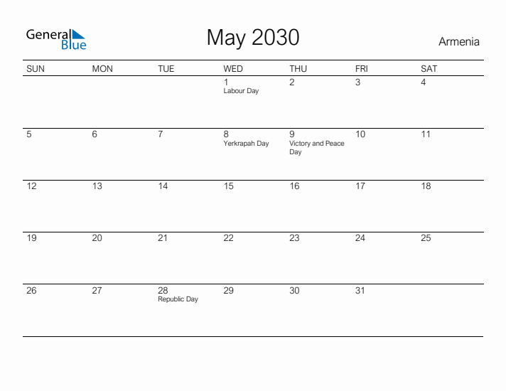 Printable May 2030 Calendar for Armenia
