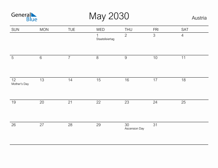 Printable May 2030 Calendar for Austria