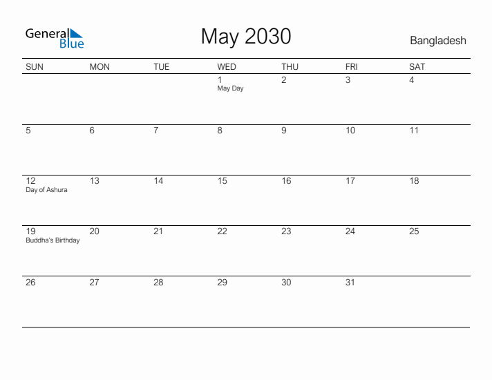 Printable May 2030 Calendar for Bangladesh