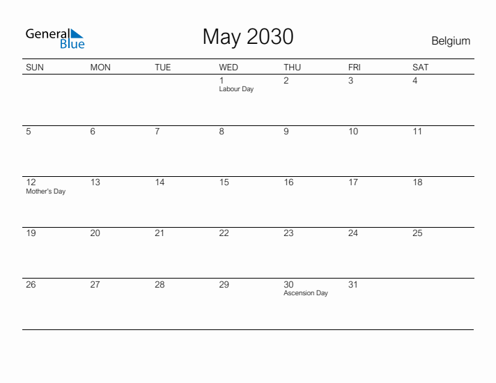 Printable May 2030 Calendar for Belgium