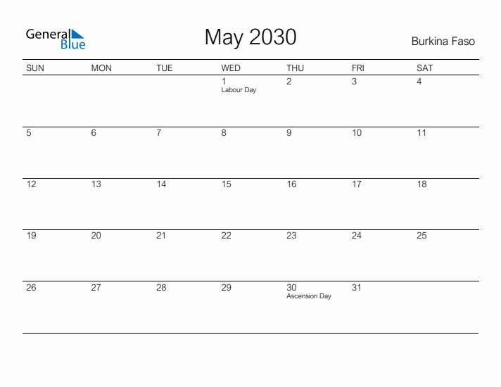 Printable May 2030 Calendar for Burkina Faso