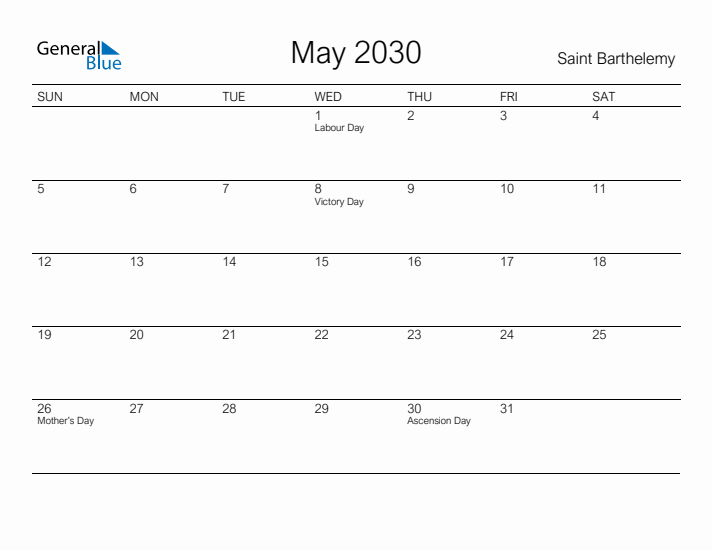 Printable May 2030 Calendar for Saint Barthelemy