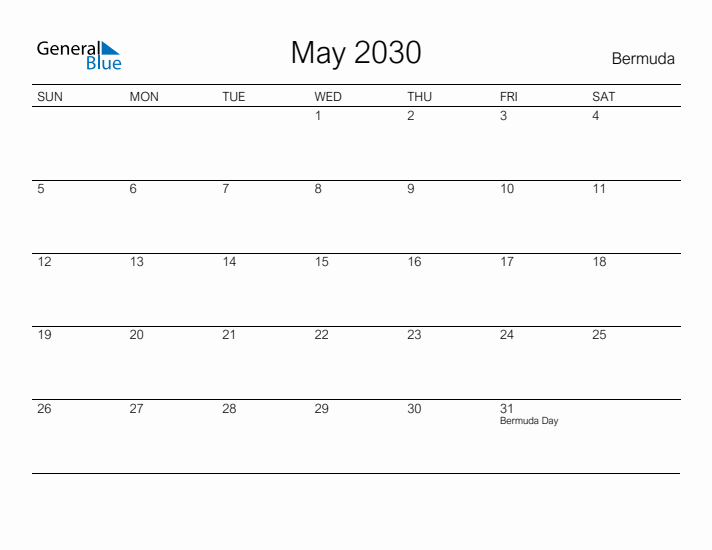 Printable May 2030 Calendar for Bermuda