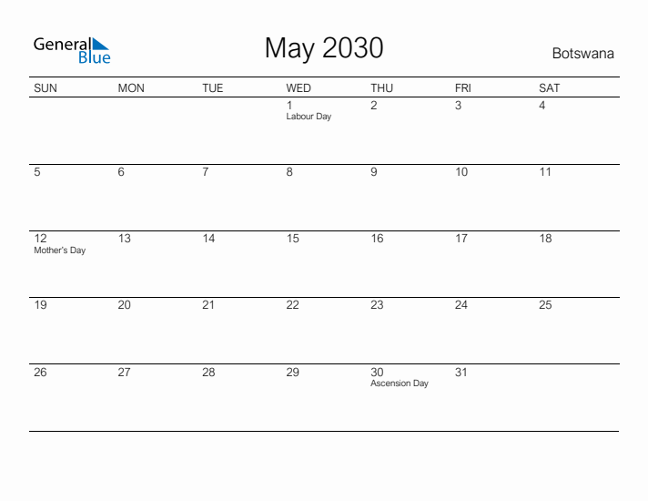 Printable May 2030 Calendar for Botswana