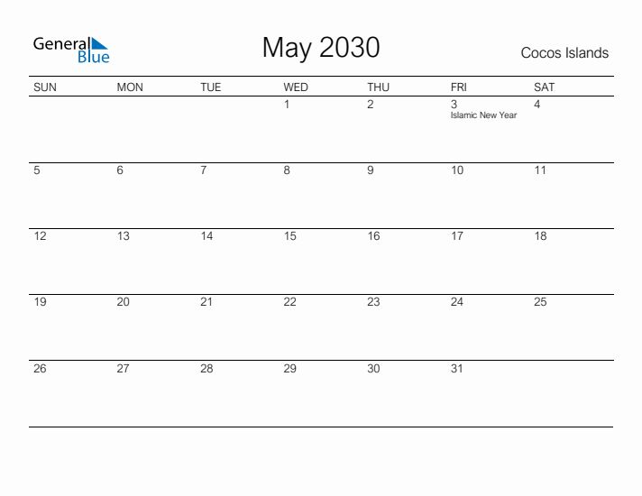 Printable May 2030 Calendar for Cocos Islands