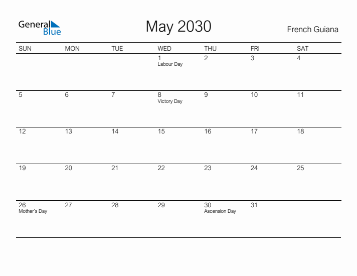 Printable May 2030 Calendar for French Guiana