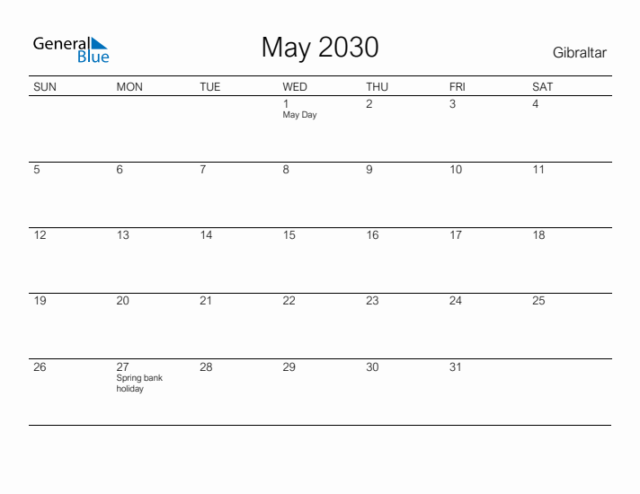 Printable May 2030 Calendar for Gibraltar
