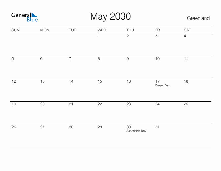 Printable May 2030 Calendar for Greenland