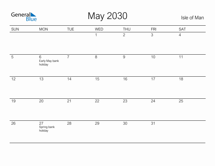 Printable May 2030 Calendar for Isle of Man