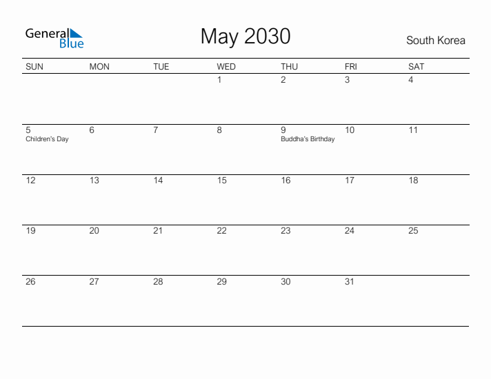 Printable May 2030 Calendar for South Korea